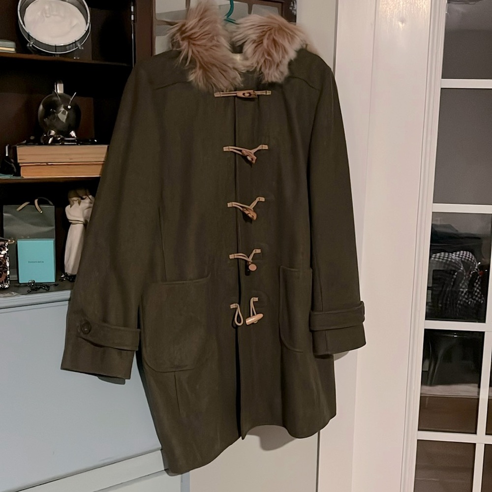 J.CREW TOGGLE WINTER PARKA GREEN THINSULATE WOOL TRIM FUR HOODED COAT Large